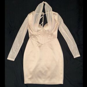 Miss Circle New York Beige Satin Mesh Long Sleeve Corset Dress
